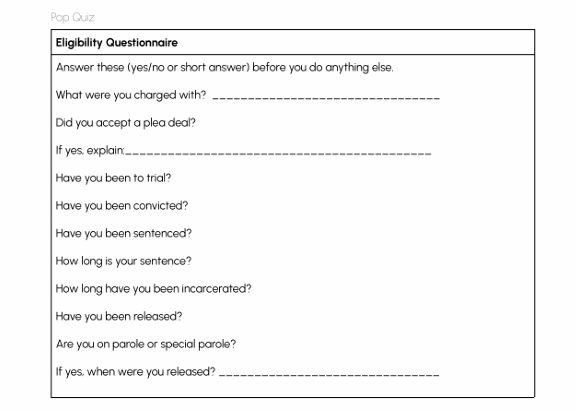 Eligibility questionnaire worksheet from Inside Line: Volume One